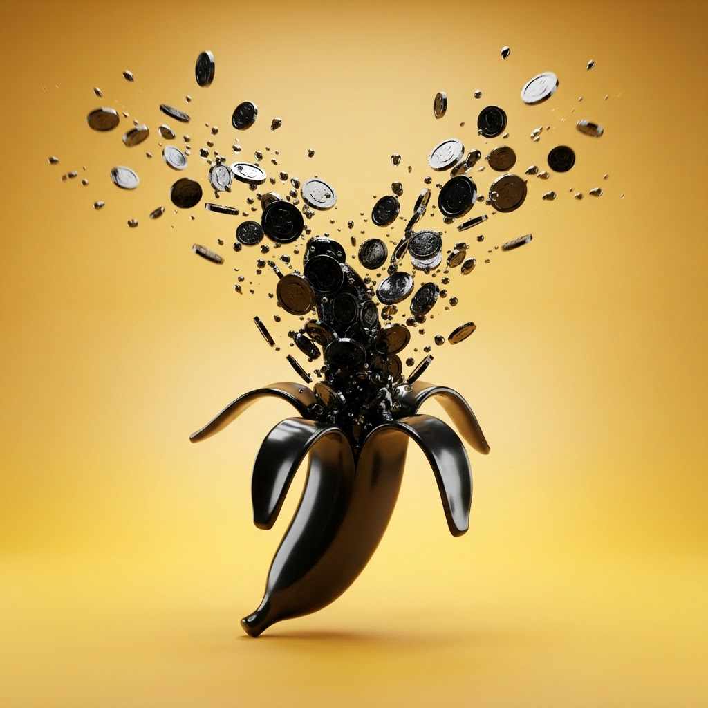 A glossy black banana peel bursting open with coins flying out