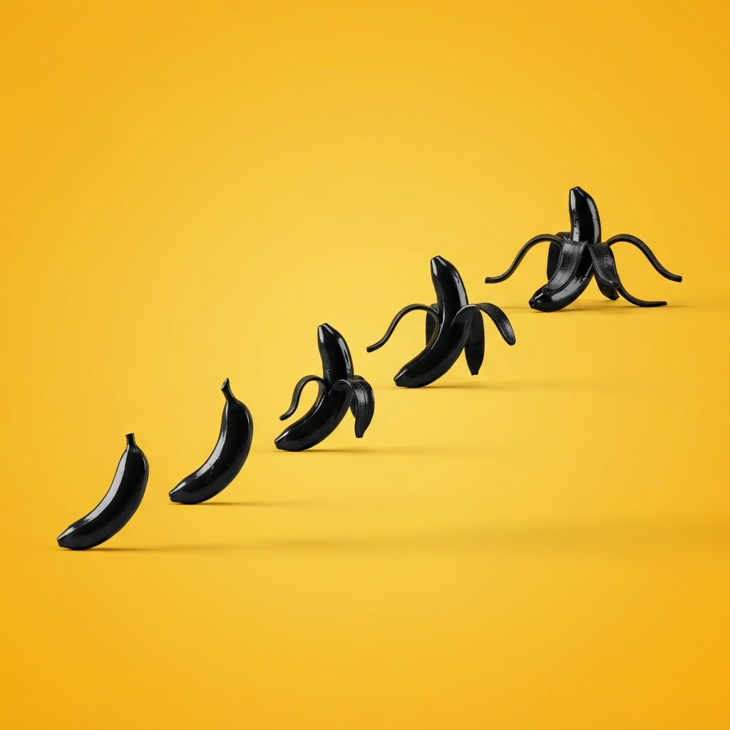 Five glossy black banana peels ascending in size and openness